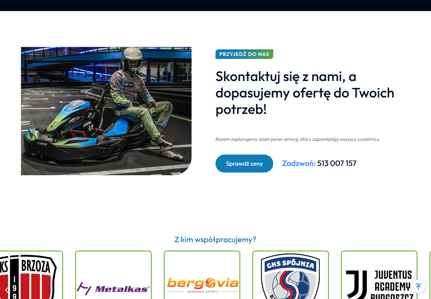 Sekcja kontaktowa GP Kart z przejściem do cennika i numerem telefonu
