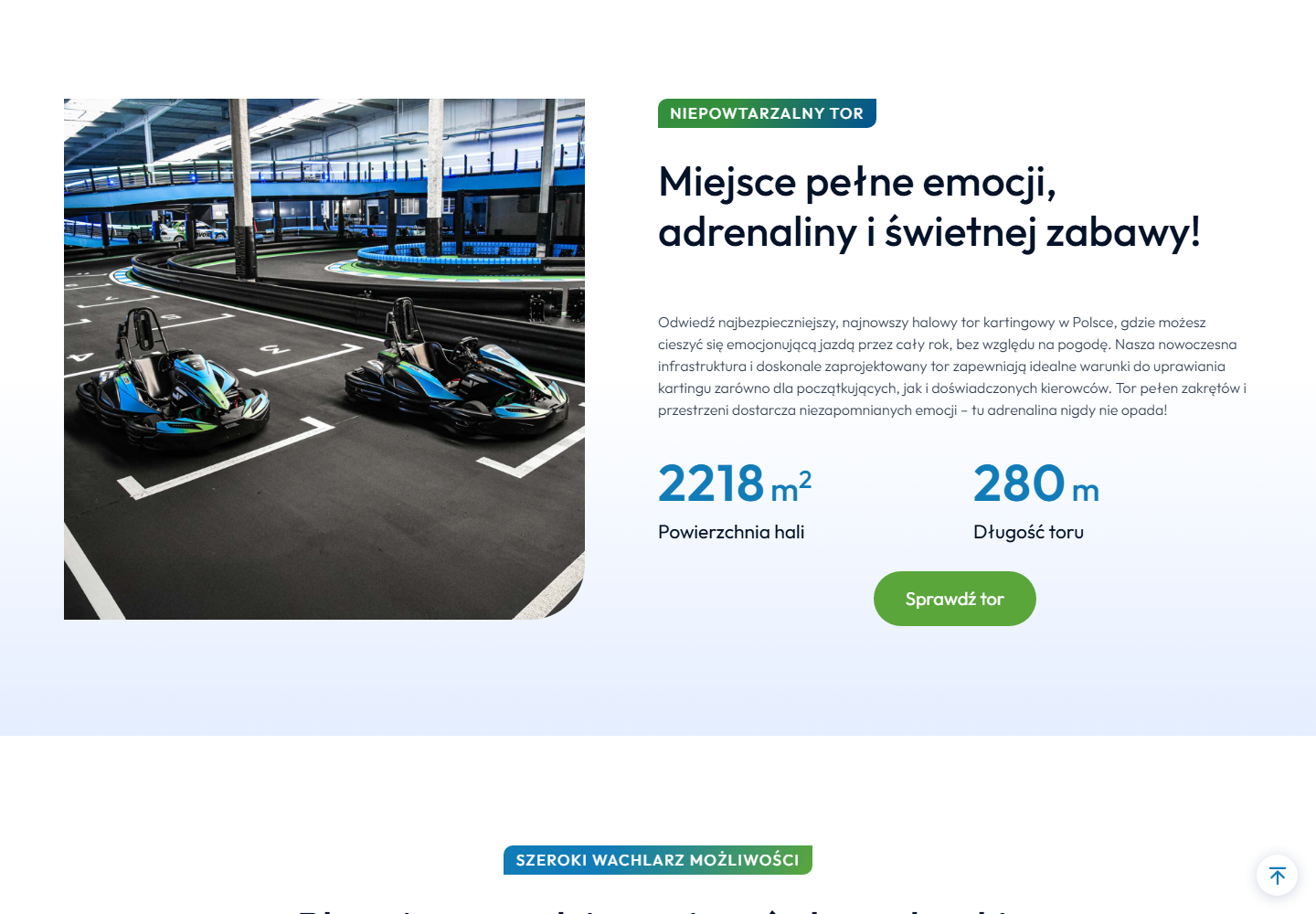 Sekcja strony GP Kart opisująca tor i jego najważniejsze parametry