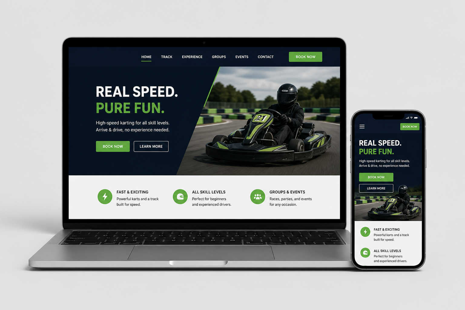 Strona toru kartingowego GP Kart na laptopie i telefonie