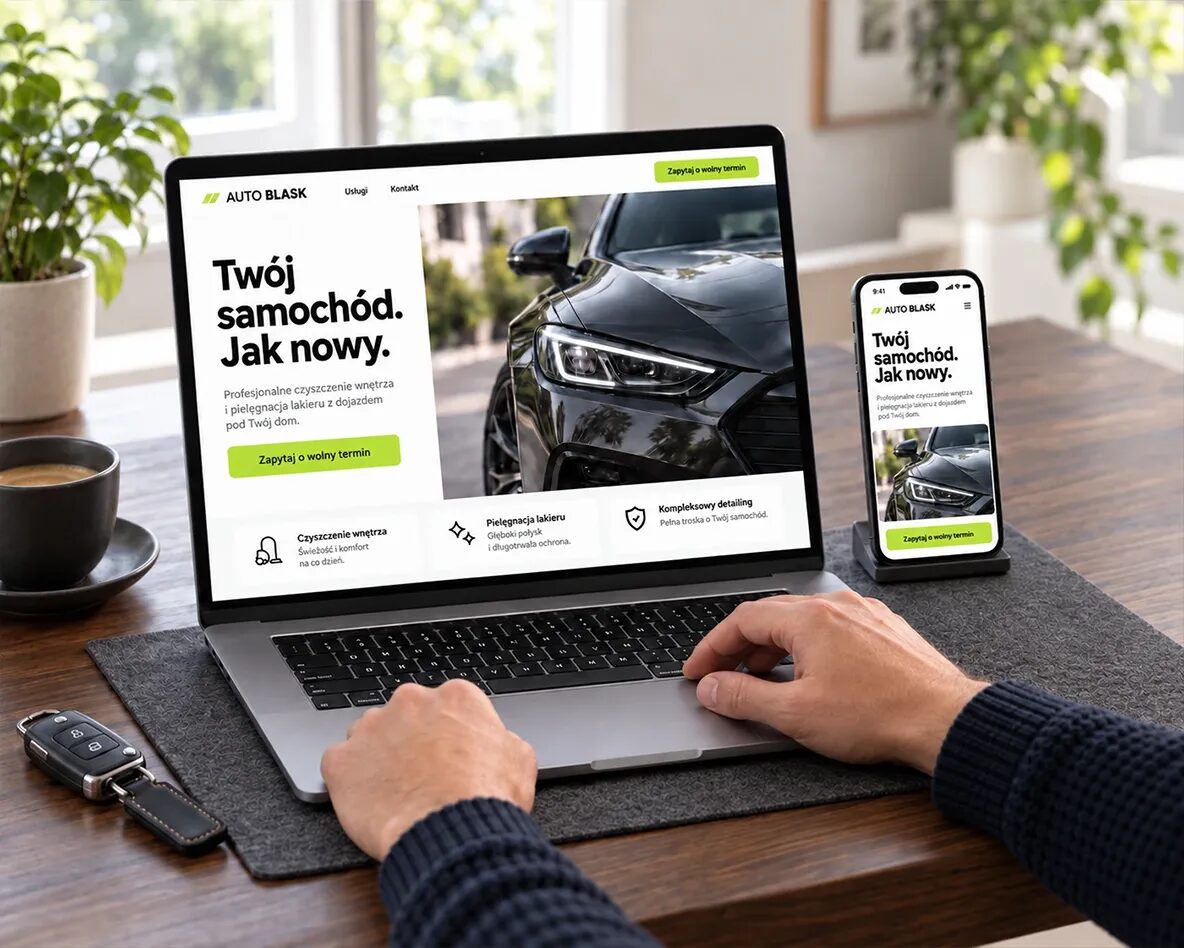 Landing page firmy detailingowej na laptopie i telefonie z ofertą oraz przyciskiem zapytania o termin.