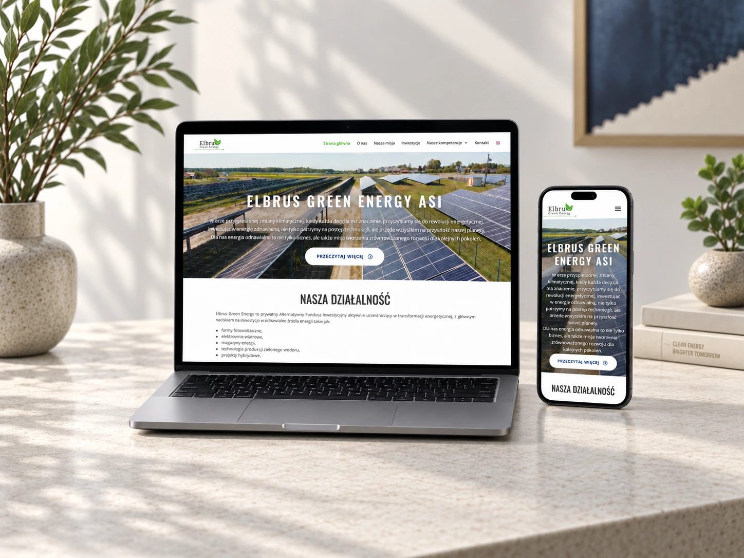 Elbrus Green Energy — Hero — strona na komputerze i telefonie (mockup)