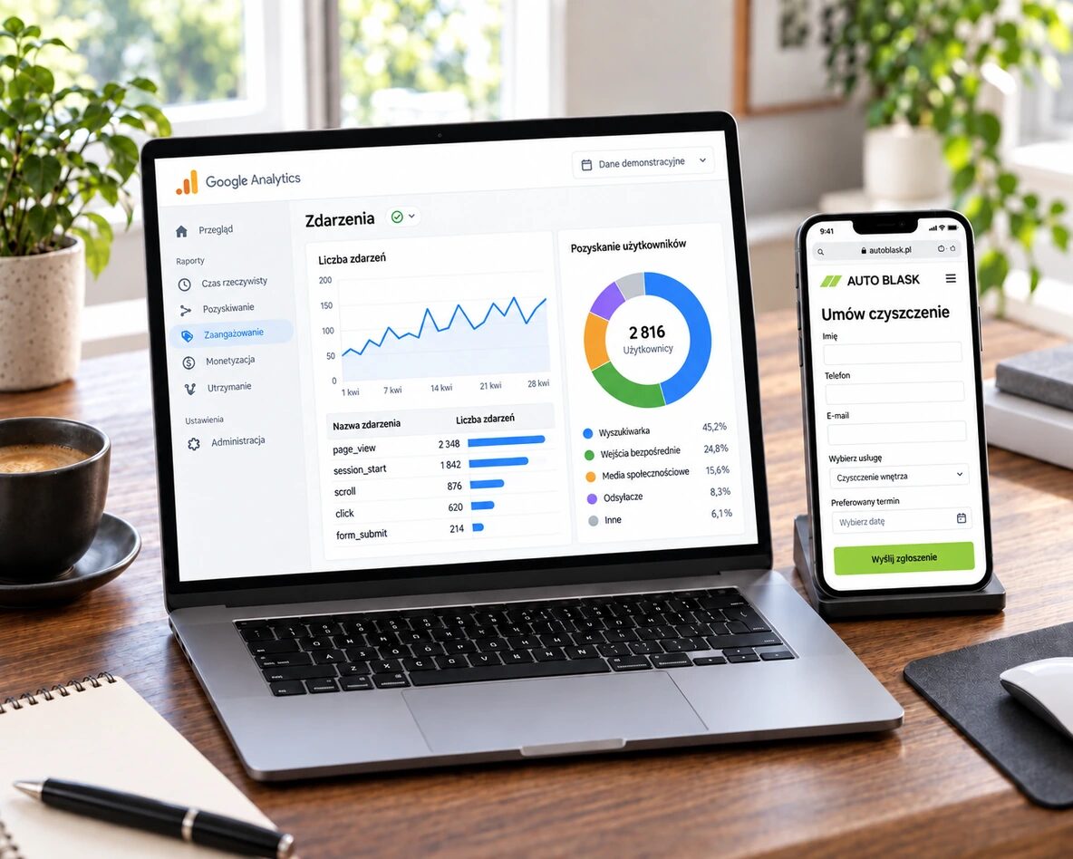 Demonstracyjny raport Google Analytics na laptopie i formularz zapytania o usługę na telefonie.