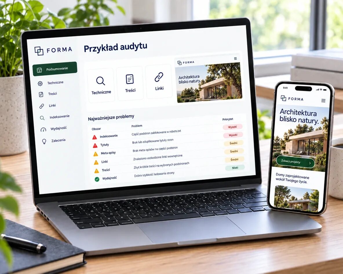 Poglądowy raport audytu SEO z problemami i priorytetami na laptopie oraz oceniana strona na telefonie.