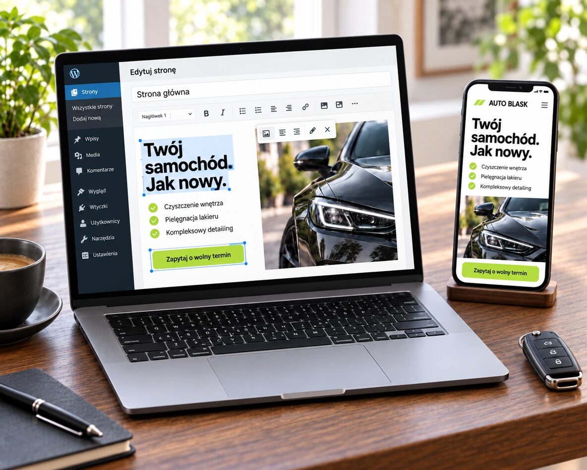 Edycja tekstu oferty detailingu w WordPressie i podgląd strony na telefonie – przykład copywritingu.