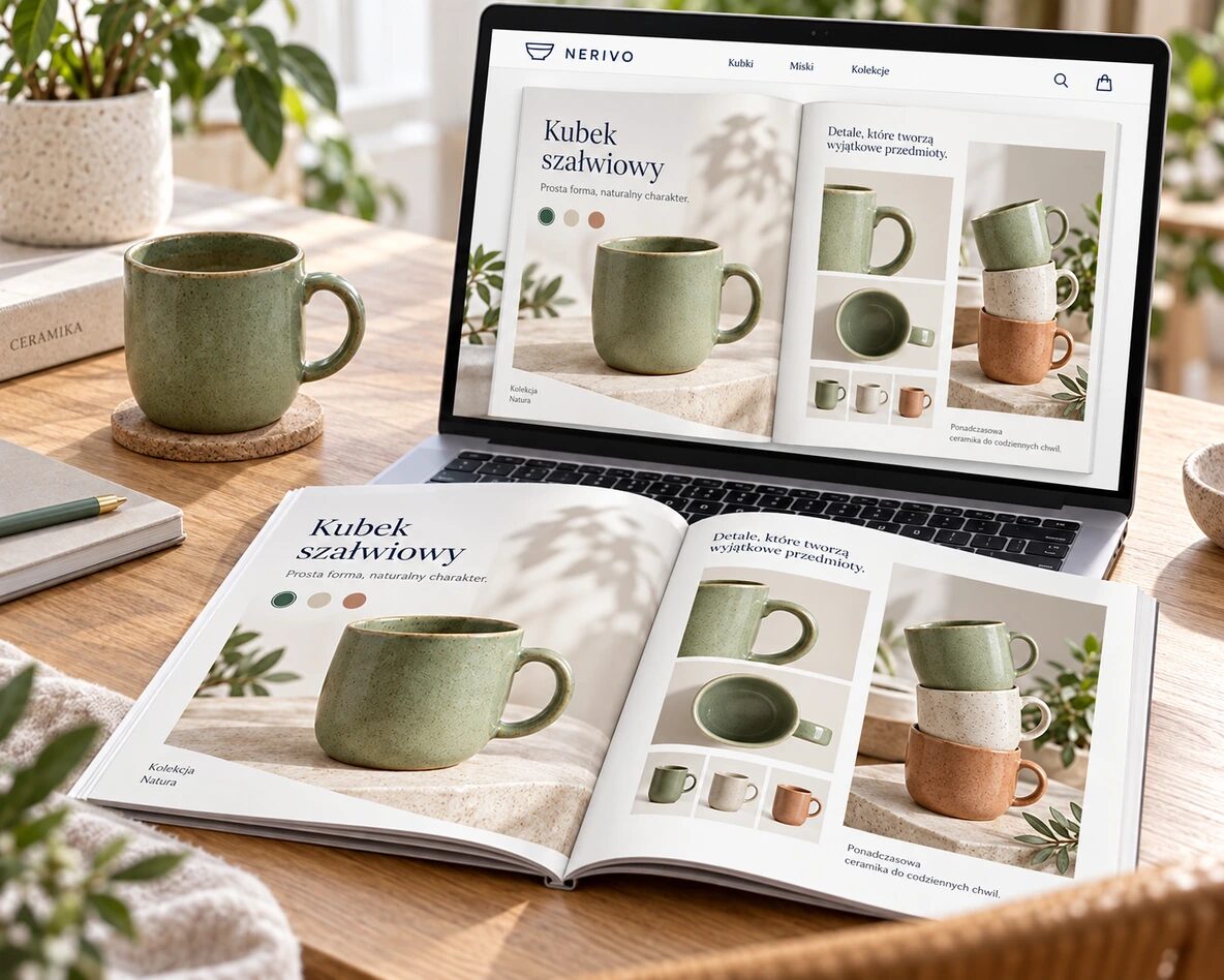 Otwarty katalog ceramiki NERIVO i jego wersja na laptopie – przykładowy projekt katalogu produktowego.