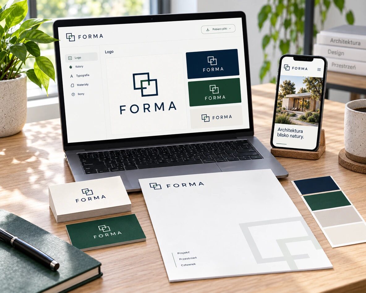 Logo FORMA na laptopie, wizytówkach, papierze firmowym i stronie mobilnej – poglądowa identyfikacja wizualna.