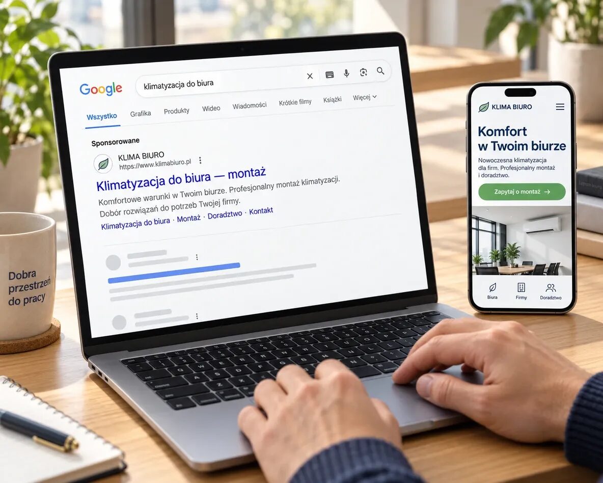 Przykładowa reklama klimatyzacji biurowej w Google na laptopie i powiązana strona oferty na telefonie.