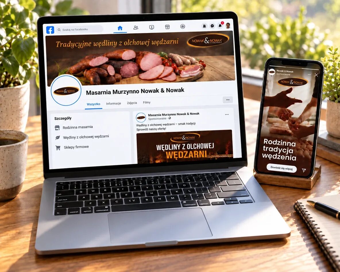 Sponsorowany post Nowak & Nowak na Facebooku i reklama w relacji na Instagramie – poglądowe widoki na urządzeniach.