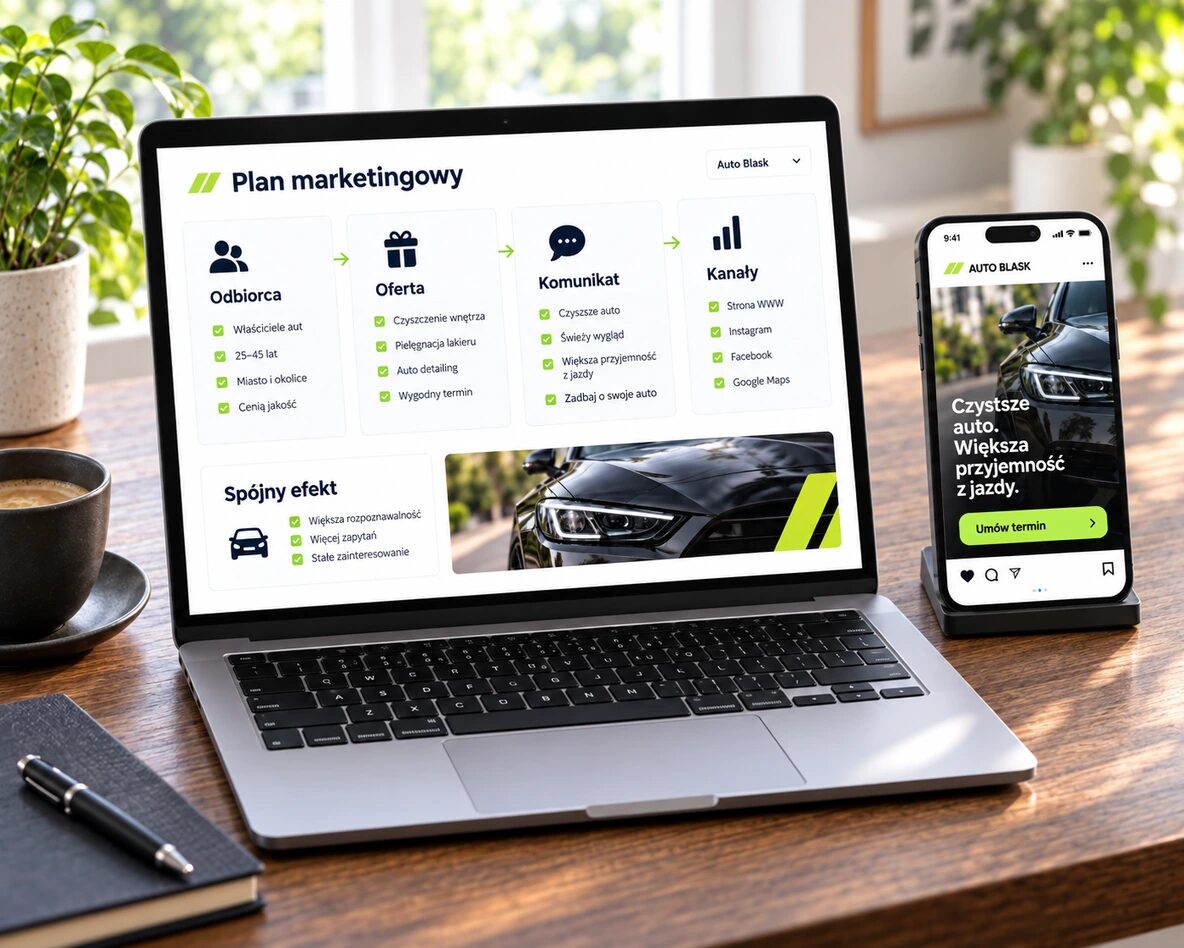 Plan marketingowy na laptopie z odbiorcami, ofertą, komunikatem i kanałami oraz przykładowy post na telefonie.
