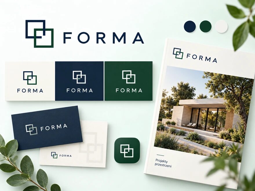 Warianty logo FORMA na jasnym i ciemnym tle, wizytówki oraz okładka katalogu – projekt poglądowy.