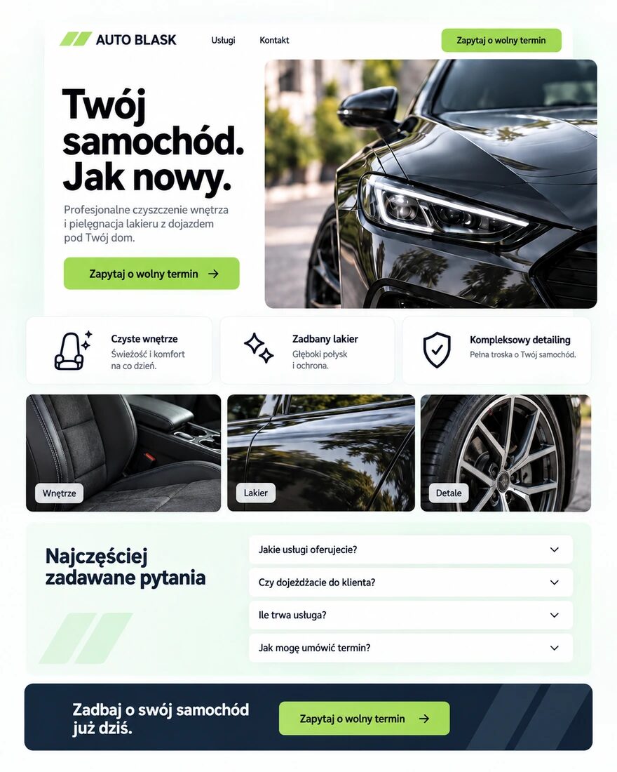 Przykładowa strona firmy detailingowej z tekstem oferty, korzyściami, pytaniami i wezwaniem do kontaktu.