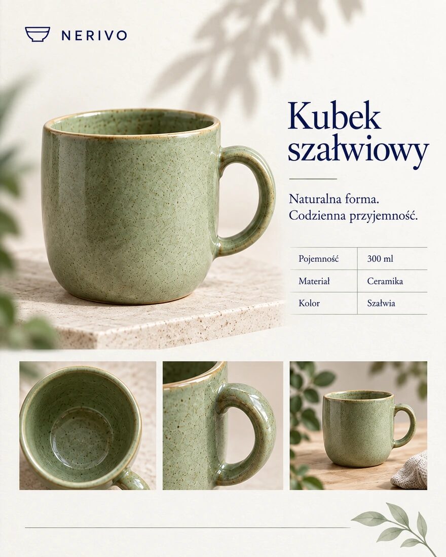 Przykładowa strona katalogu NERIVO: szałwiowy kubek ceramiczny, parametry produktu i zdjęcia detali.