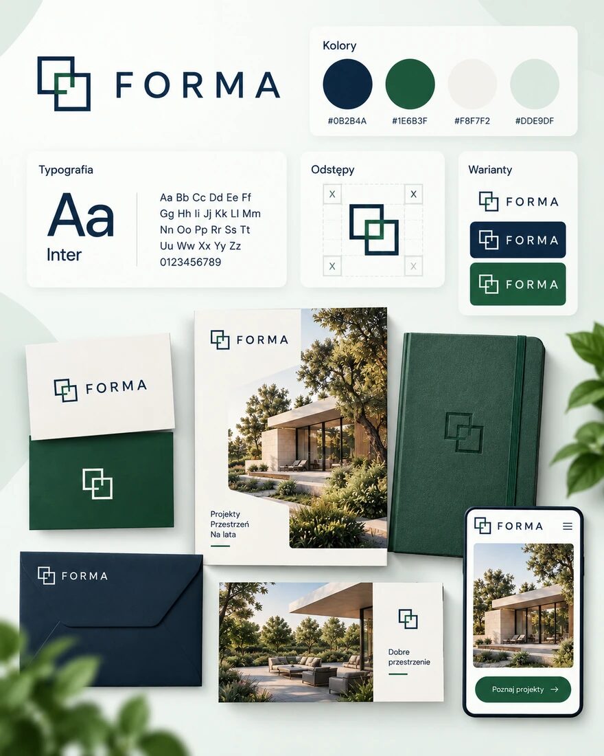 Przykładowa księga identyfikacji FORMA: kolory, typografia, pole ochronne logo i zastosowania na materiałach.