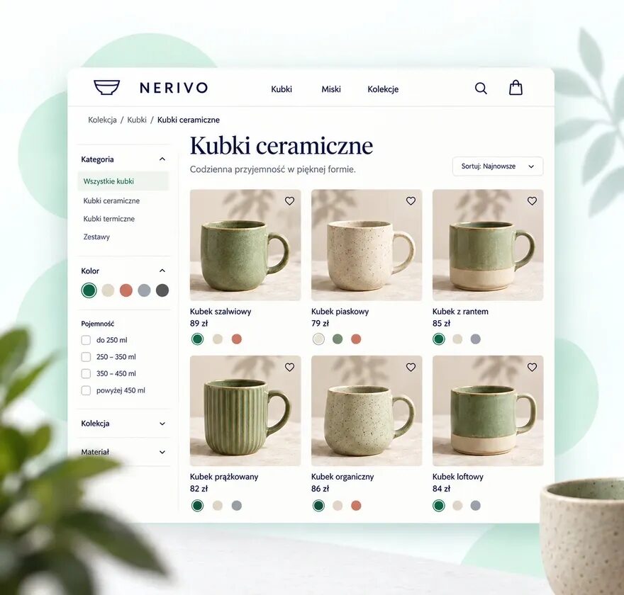 Przykładowa kategoria sklepu NERIVO z kubkami ceramicznymi, filtrami i sortowaniem produktów.