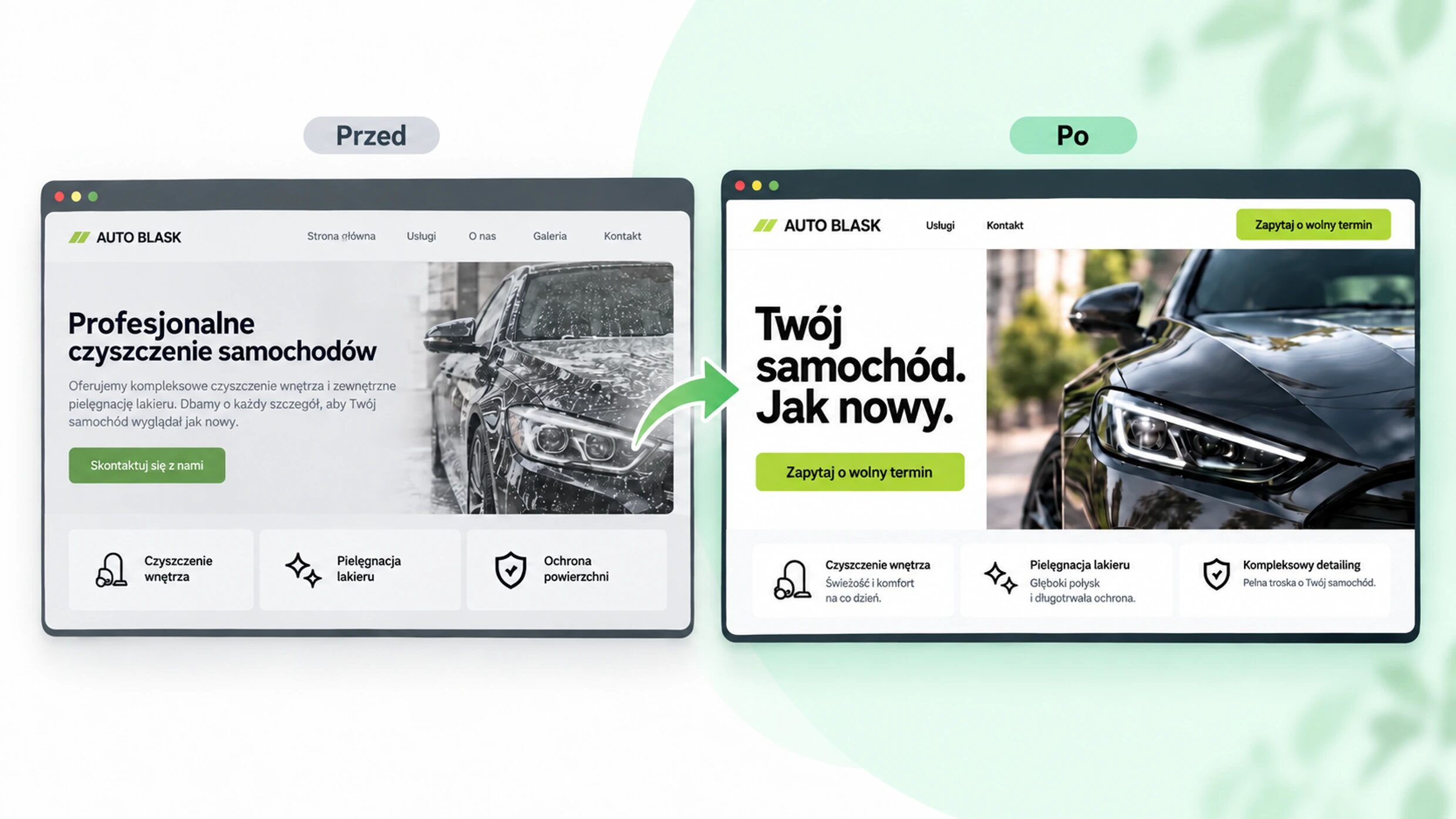 Poglądowe porównanie tekstów strony detailingowej przed i po zmianie nagłówka, opisu i wezwania do kontaktu.