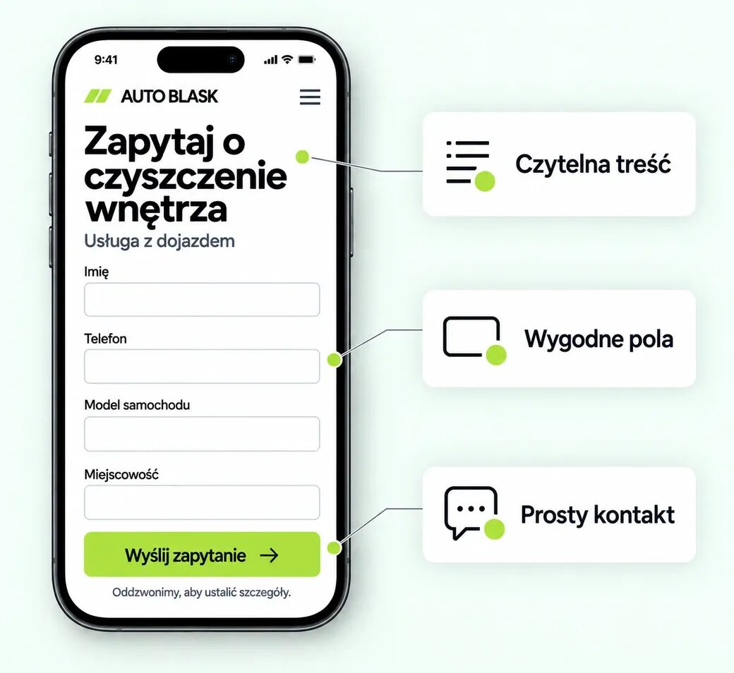 Przykładowy formularz landing page na telefonie z czytelną treścią, polami kontaktowymi i przyciskiem wysyłki.