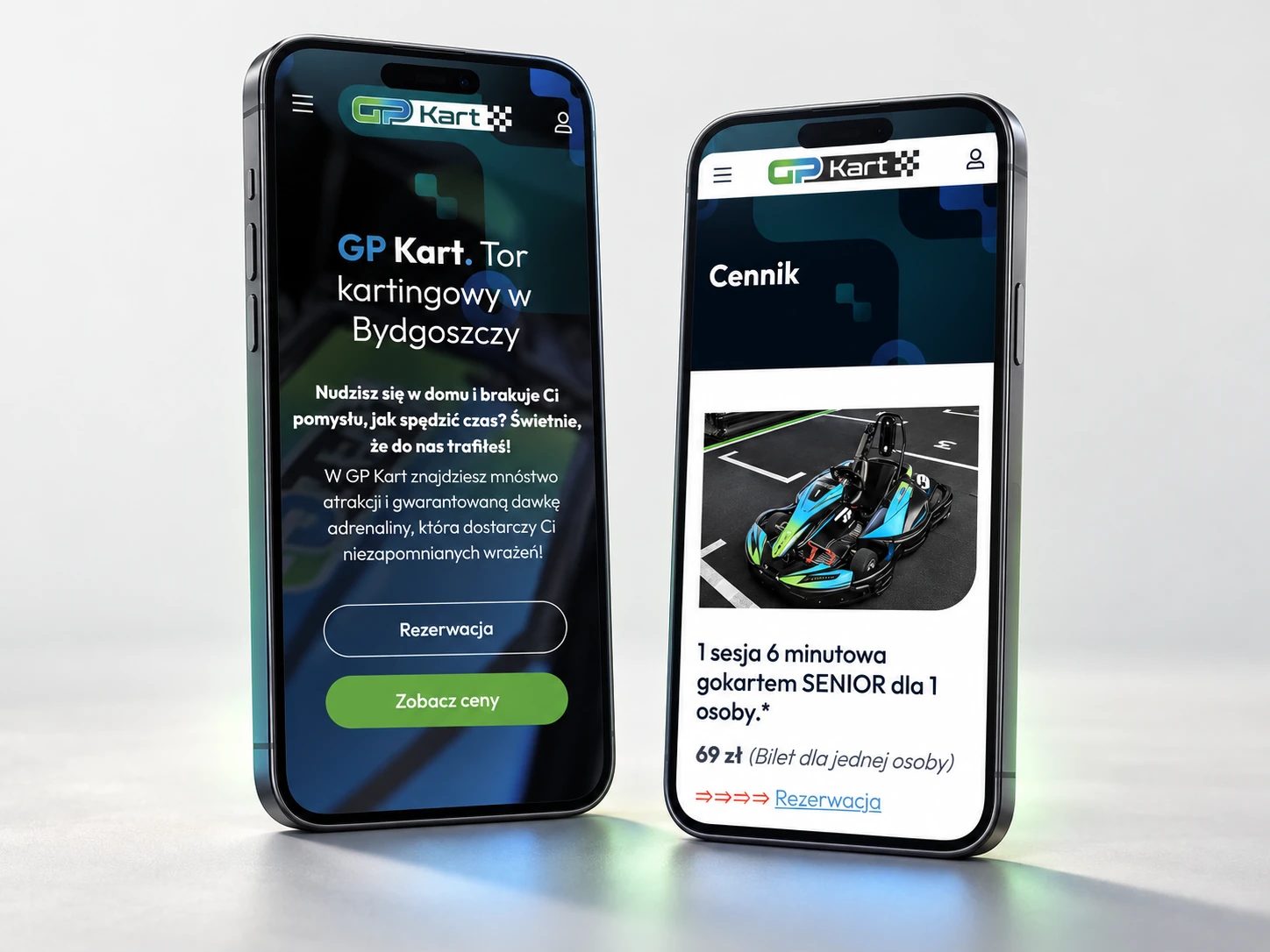GP Kart — Strona główna i cennik na telefonie (mockup)