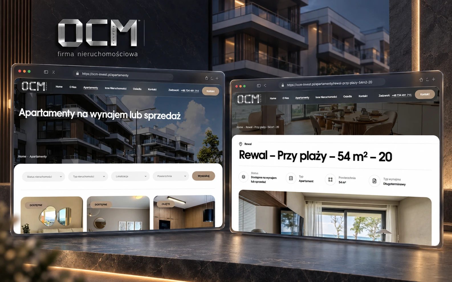OCM Invest — Katalog apartamentów i szczegóły oferty (mockup)