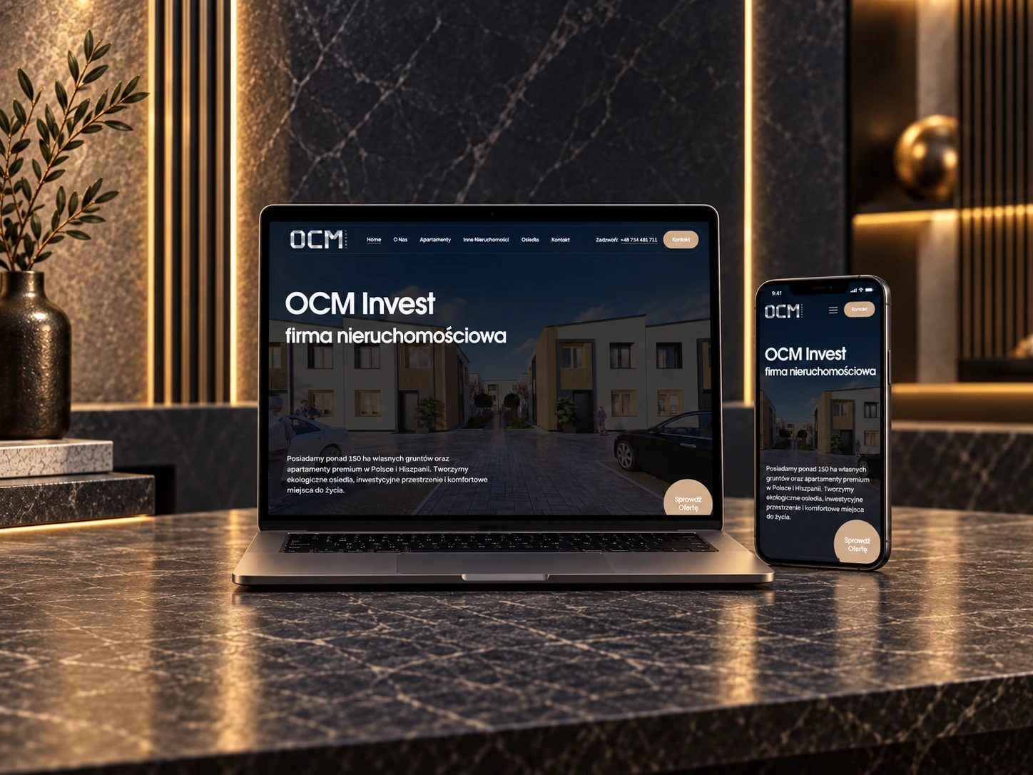 OCM Invest — Hero — strona na komputerze i telefonie (mockup)