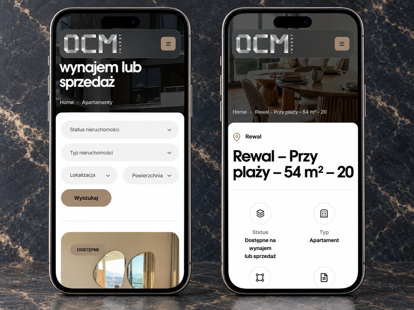 OCM Invest — Nieruchomości na telefonie (mockup)