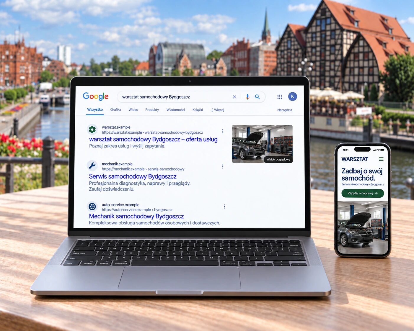 Przykładowe wyniki wyszukiwania „warsztat samochodowy Bydgoszcz” na laptopie i oferta na telefonie, na tle spichrzy nad Brdą w Bydgoszczy.
