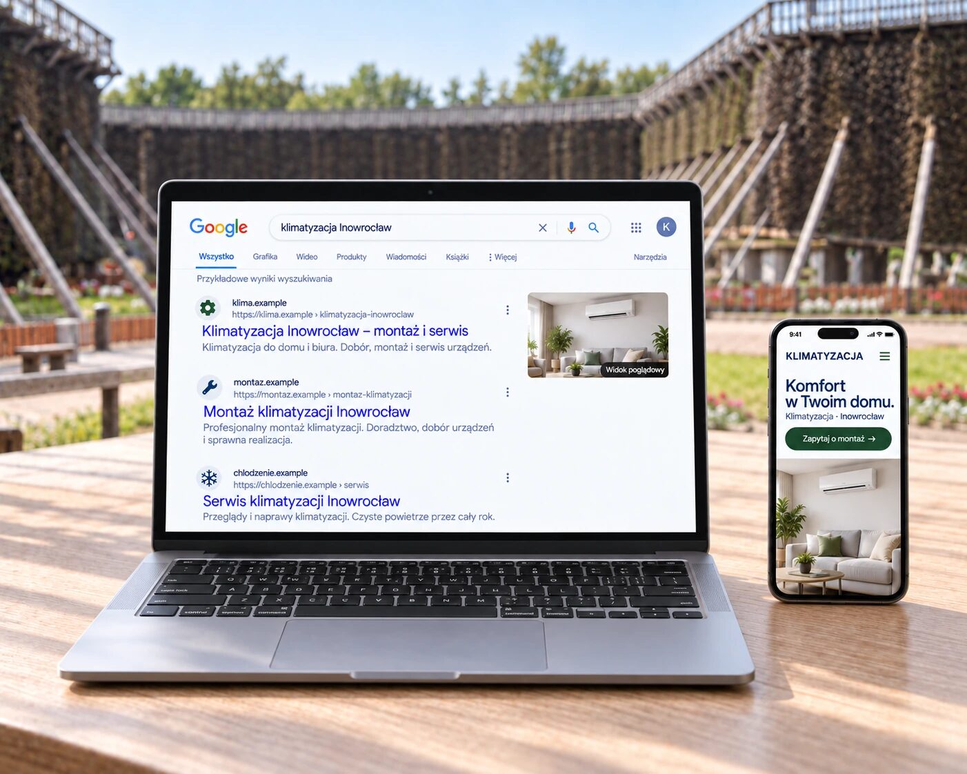 Przykładowe wyniki wyszukiwania „klimatyzacja Inowrocław” na laptopie i oferta na telefonie, na tle tężni w Inowrocławiu.