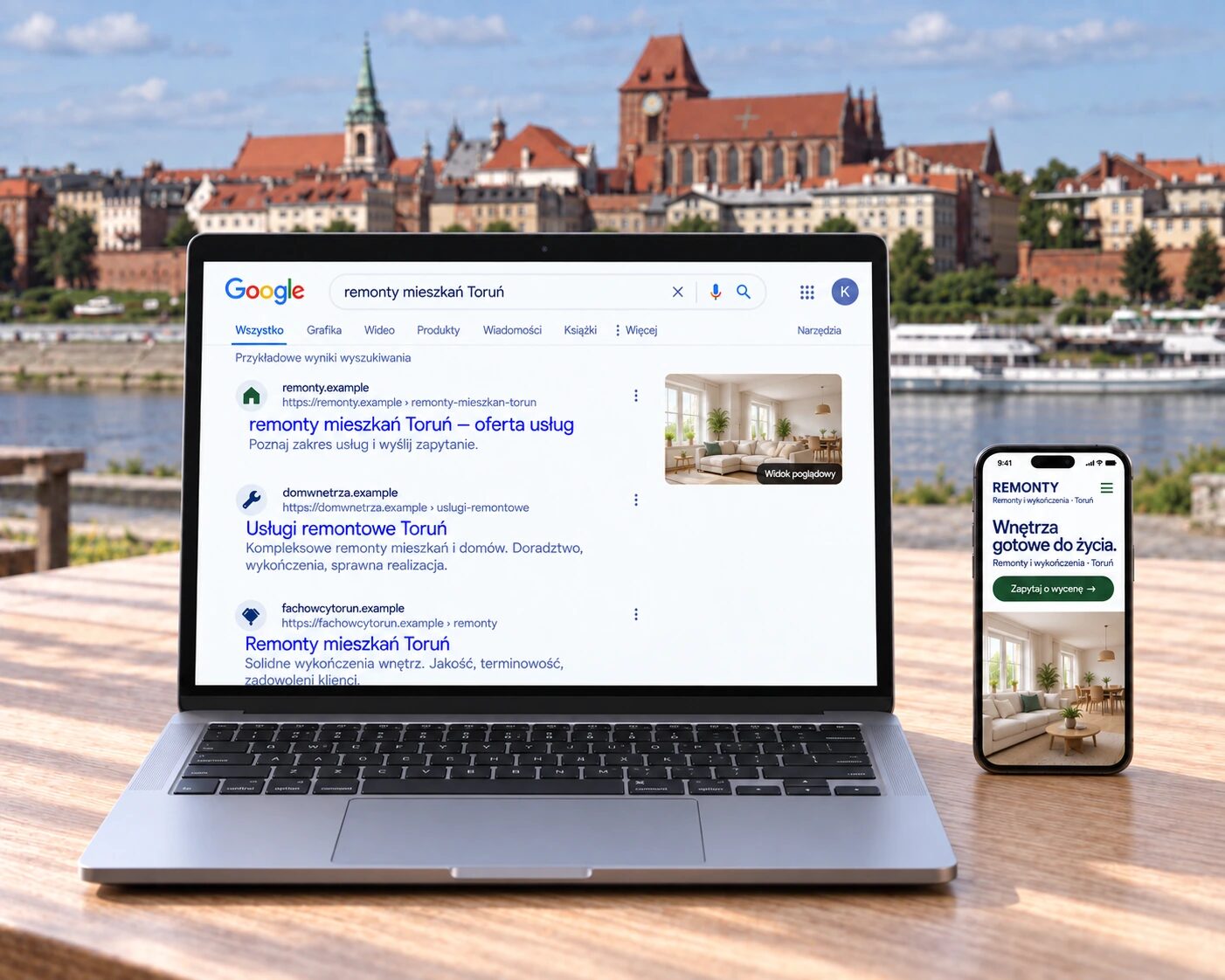 Przykładowe wyniki wyszukiwania „remonty mieszkań Toruń” na laptopie i oferta na telefonie, na tle panoramy Torunia nad Wisłą.