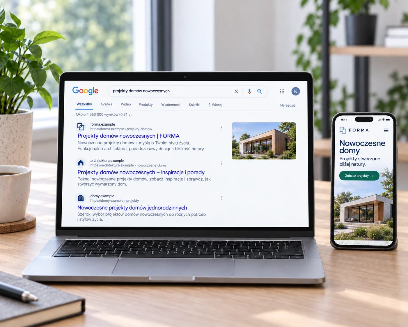 Wyniki wyszukiwania Google na laptopie i strona pracowni architektonicznej na telefonie – przykład poglądowy.