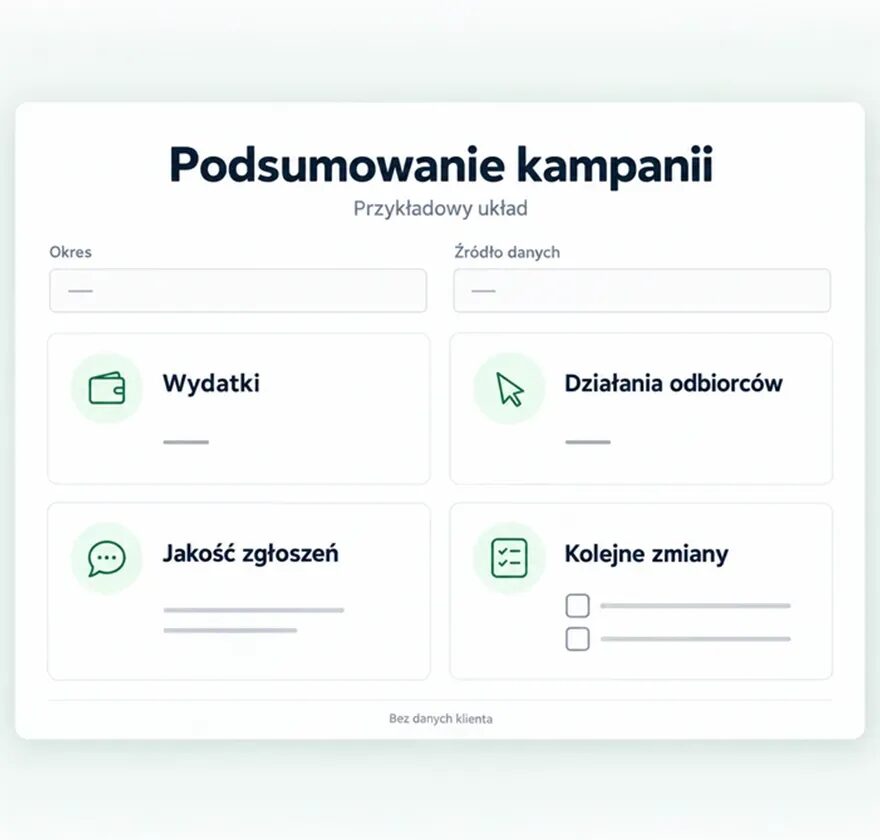 Przykładowy raport kampanii Meta: wydatki, działania odbiorców, jakość zgłoszeń i kolejne zmiany, bez danych klienta.