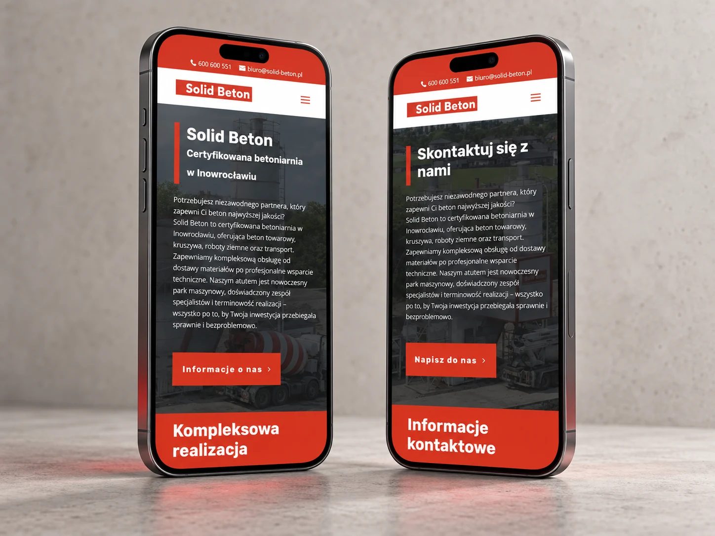 Solid Beton — Strona główna i kontakt na telefonie (mockup)