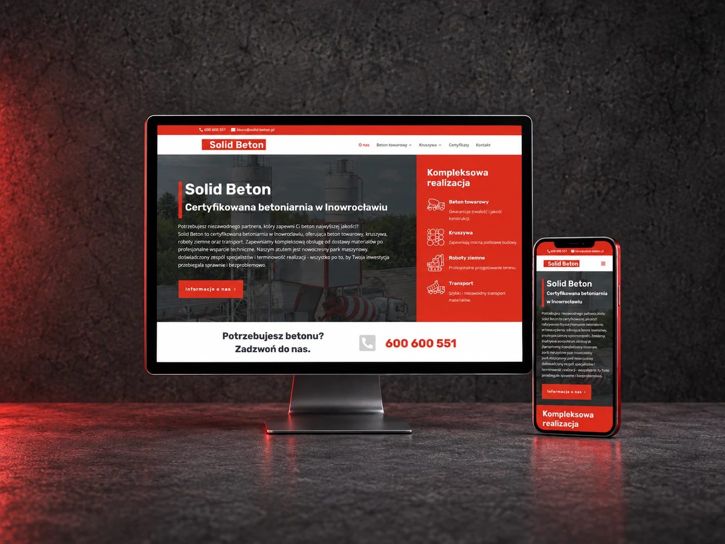 Solid Beton — Strona na komputerze i telefonie (mockup)
