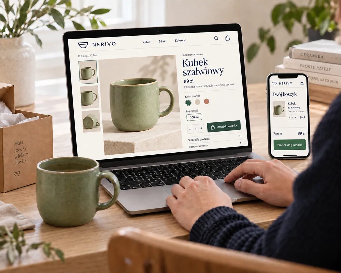 Karta ceramicznego kubka na laptopie i koszyk zakupowy na telefonie – poglądowy projekt sklepu internetowego.