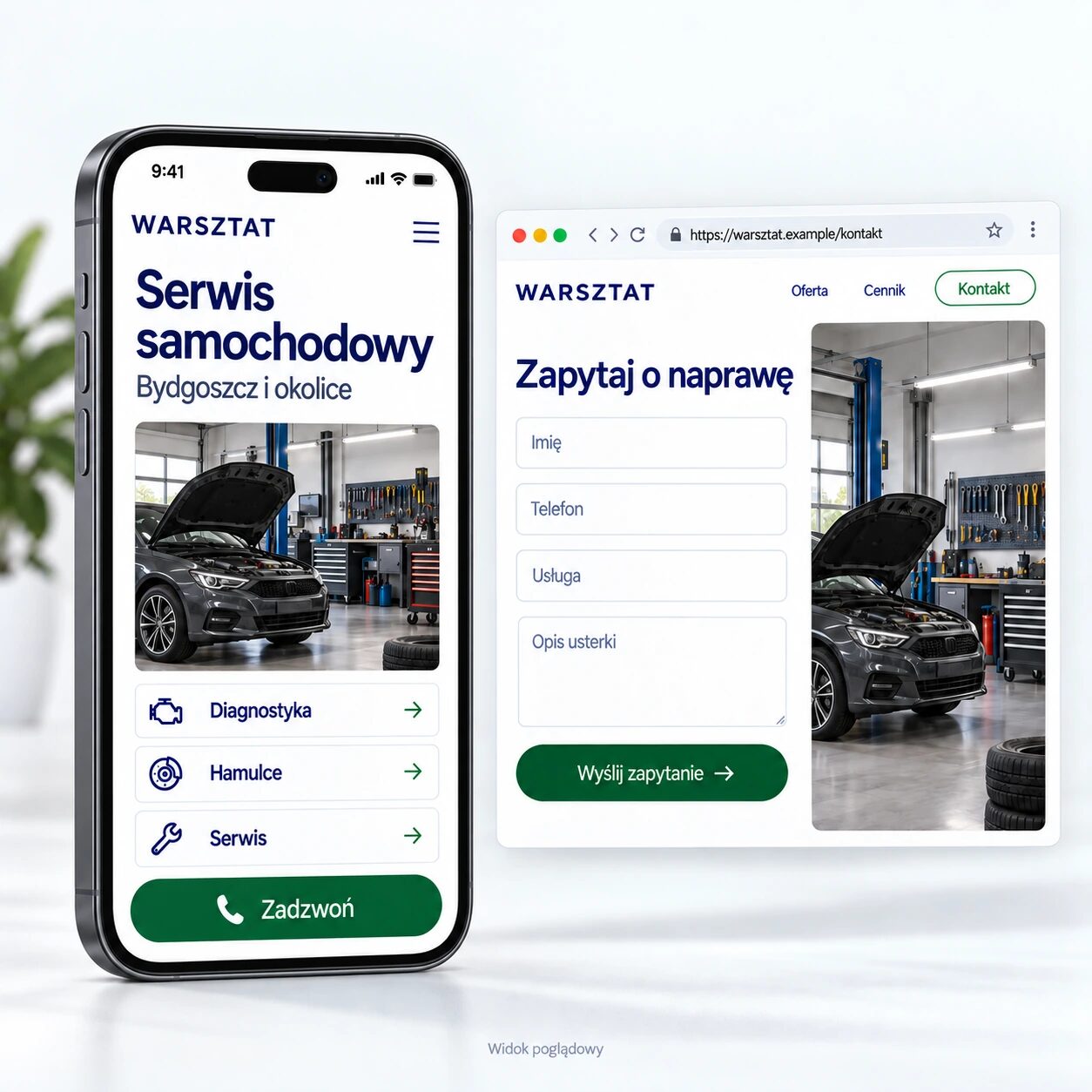 Poglądowy widok mobilny strony warsztatu samochodowego: oferta serwisu i formularz opisu usterki.