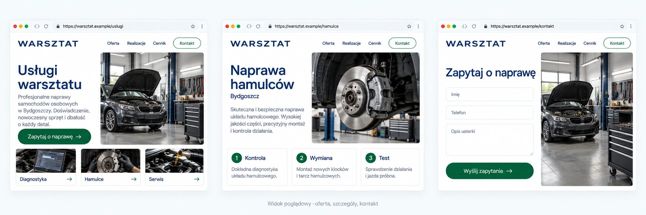 Przykładowa struktura strony warsztatu: oferta usług, naprawa hamulców i formularz zapytania.