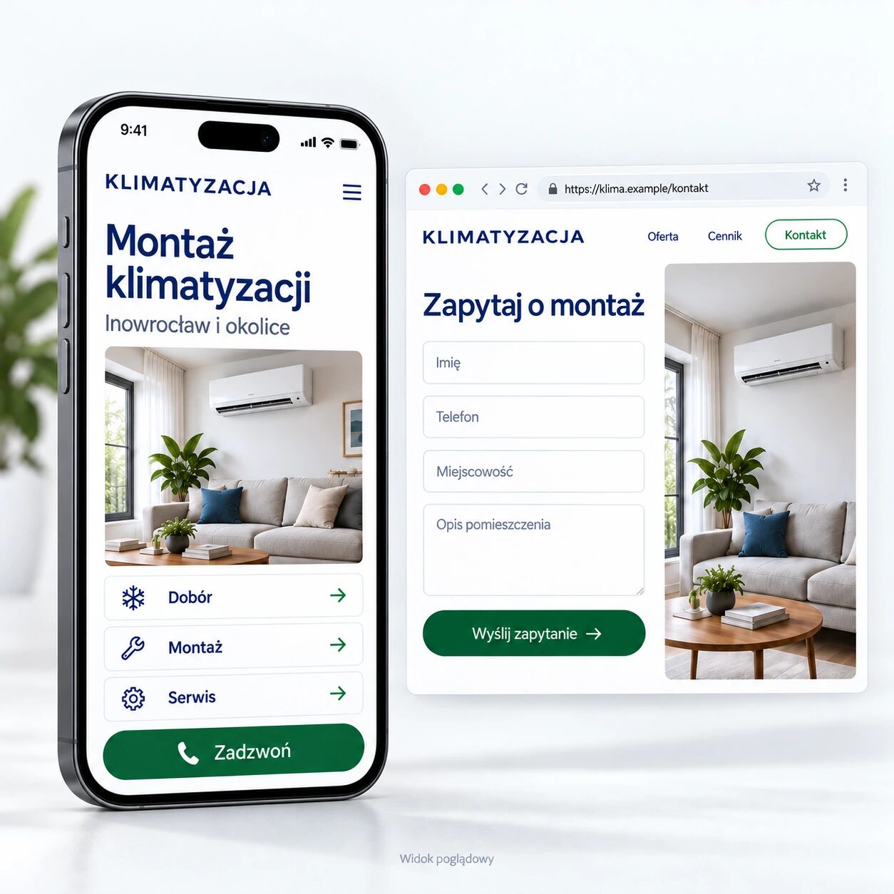 Poglądowy widok mobilny strony firmy klimatyzacyjnej: oferta montażu i formularz zapytania.