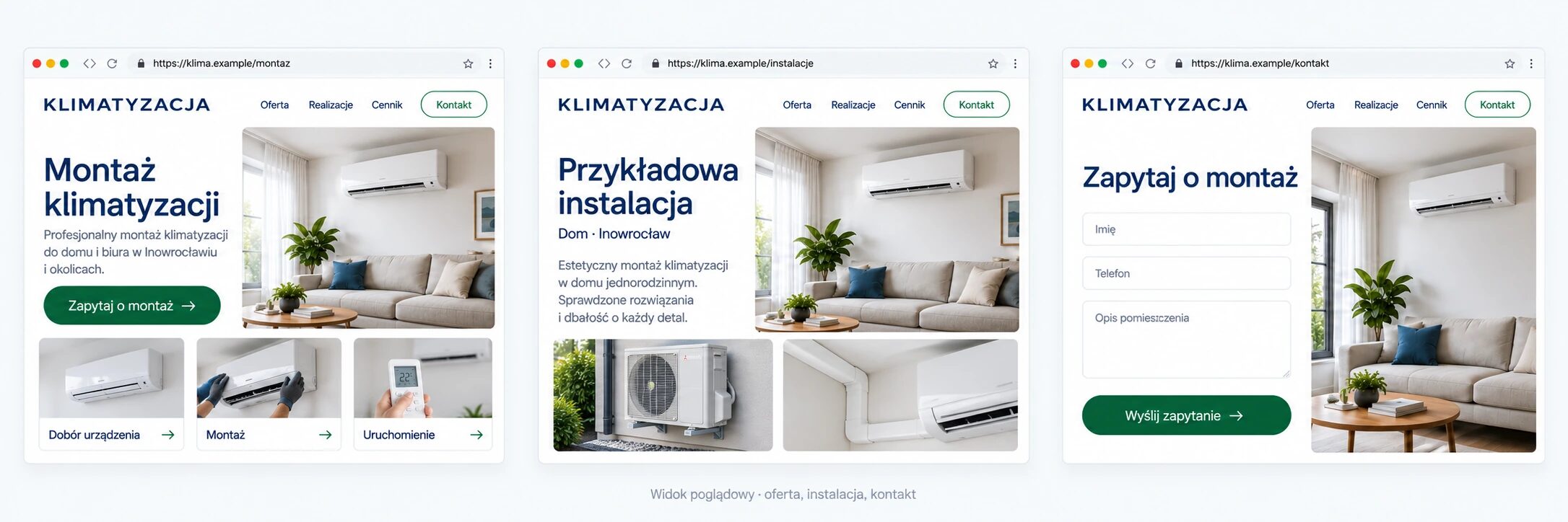 Przykładowe podstrony firmy klimatyzacyjnej: montaż, opis instalacji i formularz zapytania.
