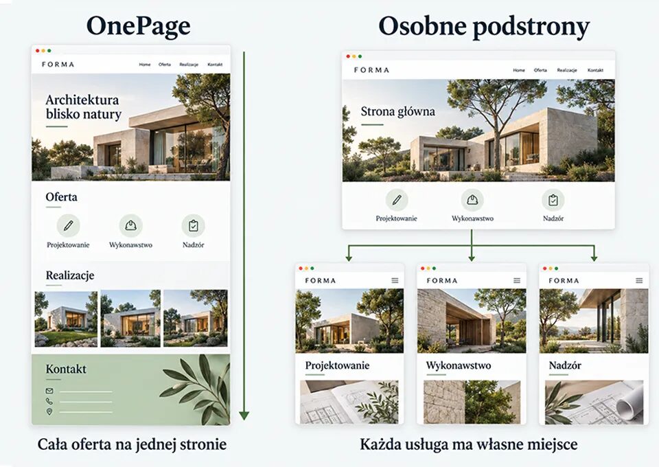 Porównanie strony OnePage i strony internetowej z osobnymi podstronami