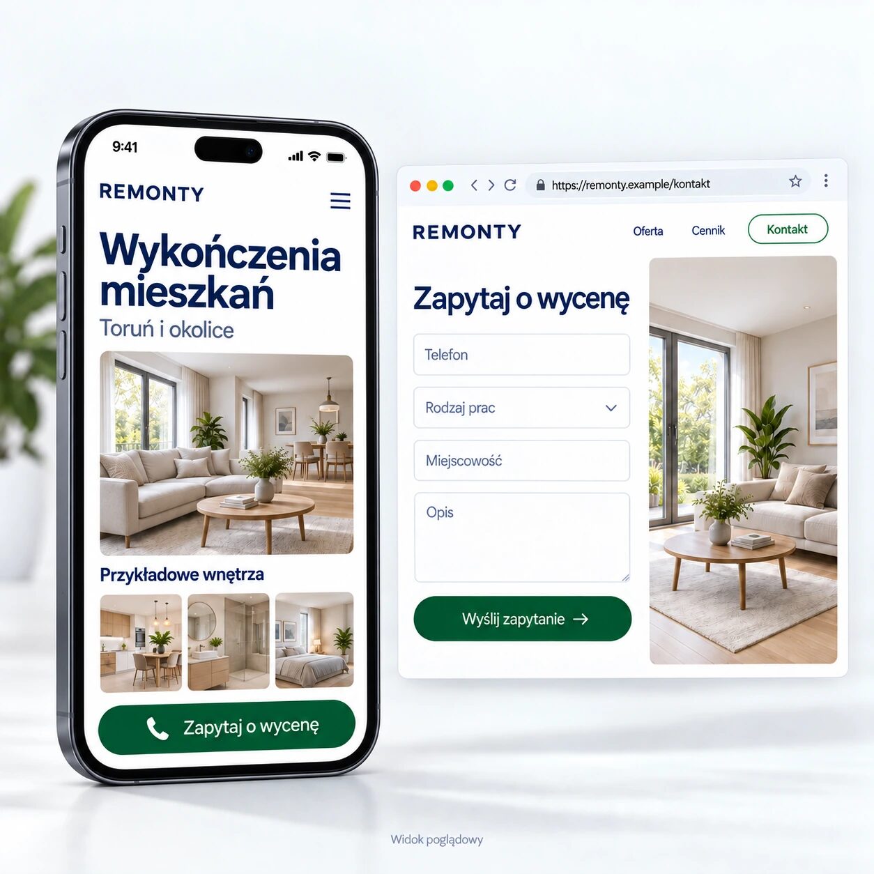 Poglądowy widok mobilny strony firmy remontowej: oferta wykończeń i formularz zapytania o wycenę.