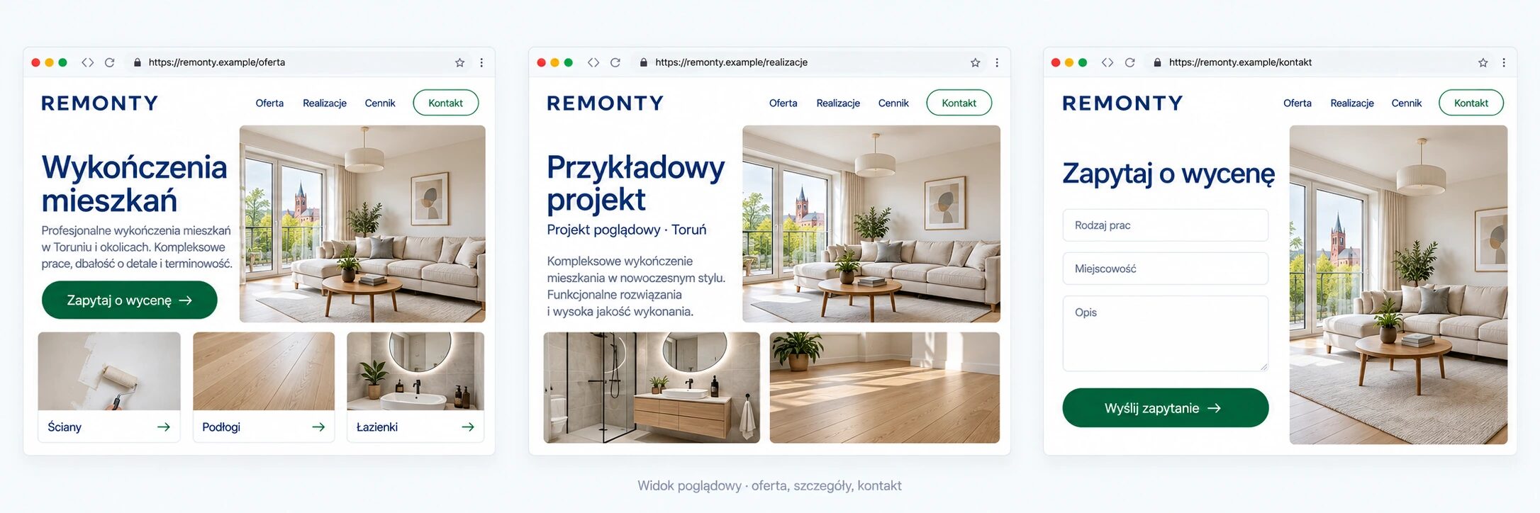 Przykładowe podstrony firmy remontowej: oferta wykończeń, prezentacja projektu i formularz wyceny.