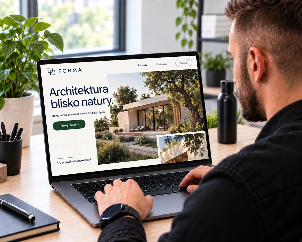 Strona pracowni architektonicznej FORMA z prezentacją projektów domów na laptopie – poglądowy projekt witryny.