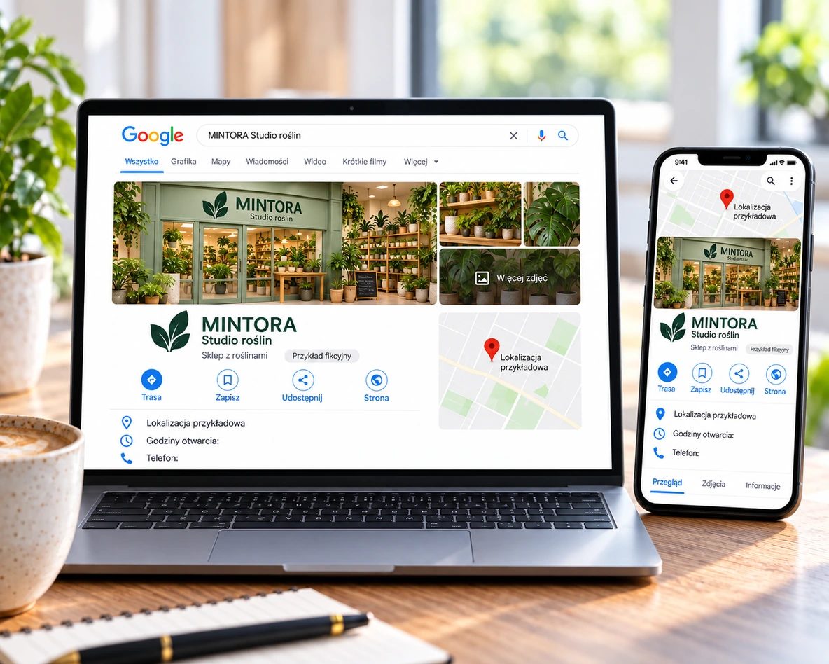 Przykładowy Profil Firmy w Google sklepu z roślinami na laptopie oraz widok Map Google na telefonie.